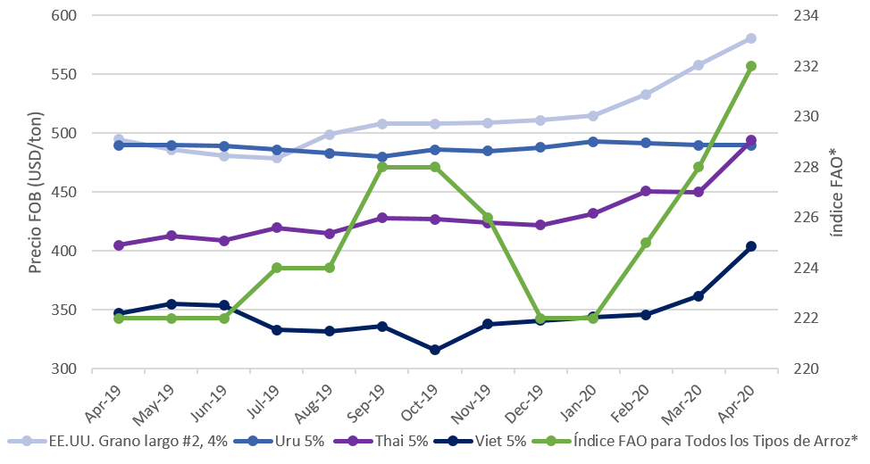 Los precios internacionales del arroz mantuvieron una tendencia ascendente por tercer mes consecutivo, incrementando el Índice de Precios FAO para Todos los Tipos de Arroz en un 4.5 % en relación con diciembre del 2019.